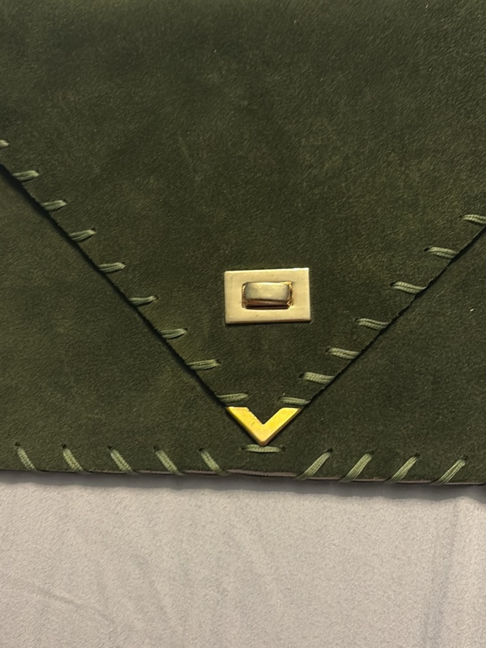 Olive Green Suede Envelope Clutch with Gold Accents